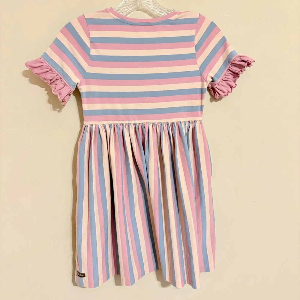 Matilda Jane Girls Emery Pink Blue Striped Ruffle Sleeve Dress Size 10 32005D